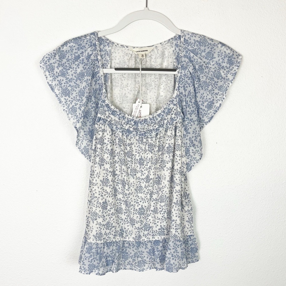 Lucky Brand Women's Top XS Blue Floral Cottagecore Boho